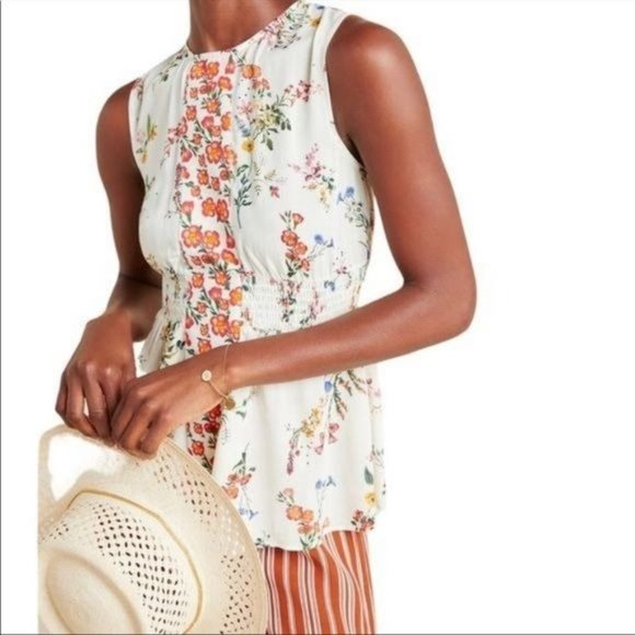 Farm Rio for Anthropologie Smocked Sleeveless Blouse in Ivory Size XS NWOT - Picture 1 of 13